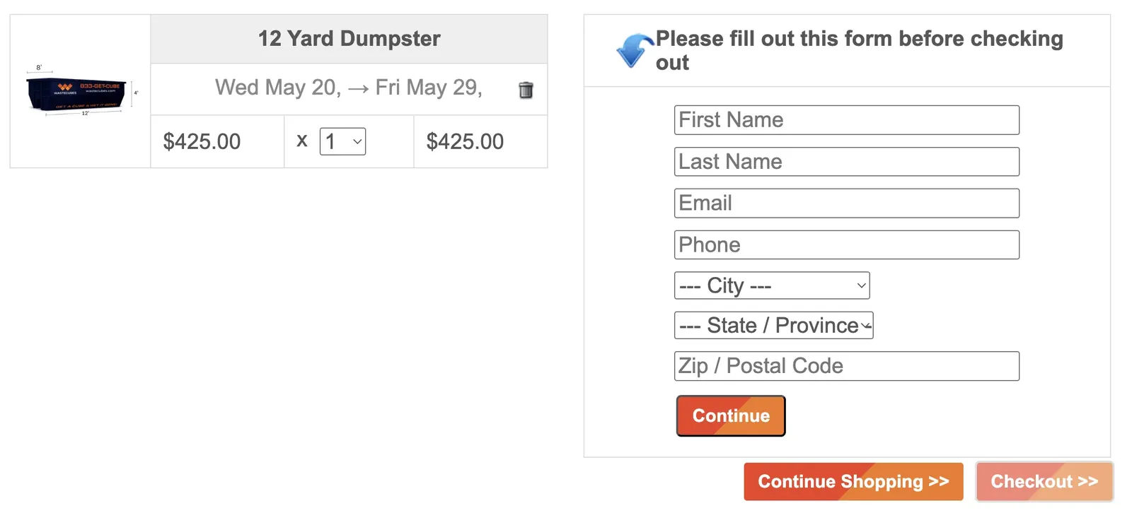 Booking Dumpster Rental Online Customer Information
